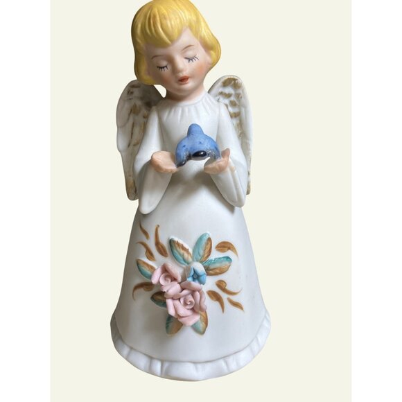 Home Interiors Angel Bell Porcelain Bisque Figurine Holding Blue Bird HOMCO - Picture 4 of 14